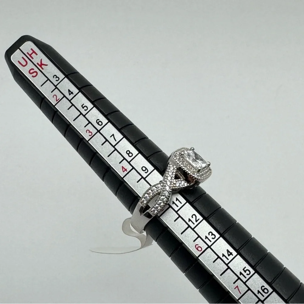 Sterling Silver CZ Double Band Ring Size 5 Halo Princess Cut New